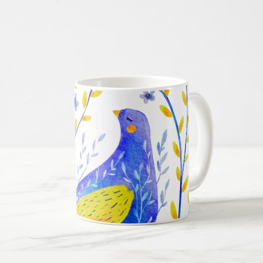 モダンな水彩画の青と黄色の鳥アート コーヒーマグカップ (正面右)