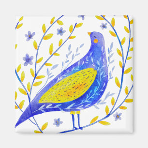 モダンな水彩画の青と黄色の鳥アート マグネット