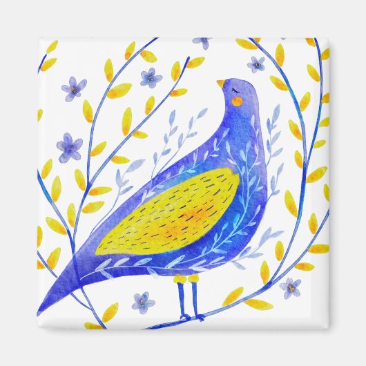 モダンな水彩画の青と黄色の鳥アート マグネット (正面)