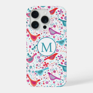 モダンな水彩画の鳥と花のモノグラム iPhone 15 PROケース
