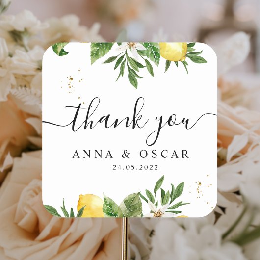 モダンな水彩画の黄色のレモンと葉 スクエアシール