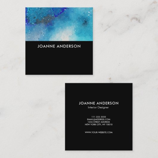 モダンな水彩画の黒の青いティール(緑がかった色)の(ばちゃばちゃ)跳ねる スクエア名刺 (正面/裏面)