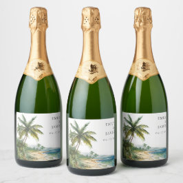 モダンな水彩画トロピカルビーチウェディング スパークリングワインラベル