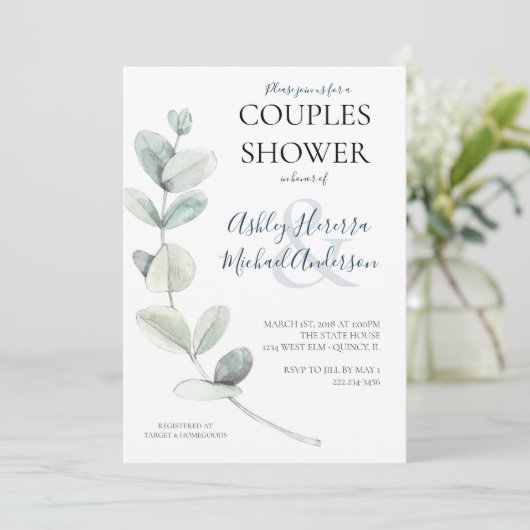 モダンな水彩画ユーカリ カップルシャワーの招待状 招待状 (スタンド正面)