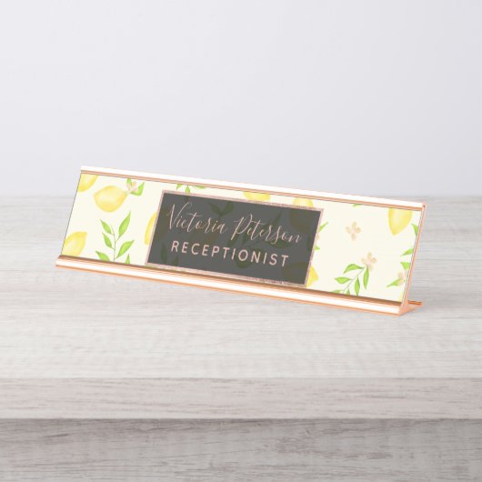 モダンな水彩画レモンパターン柑橘類 デスクネームプレート (正面)