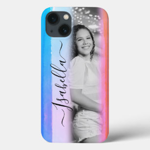 モダンな水彩画調のカスタムフォト＋名前デザイン iPhone 13ケース