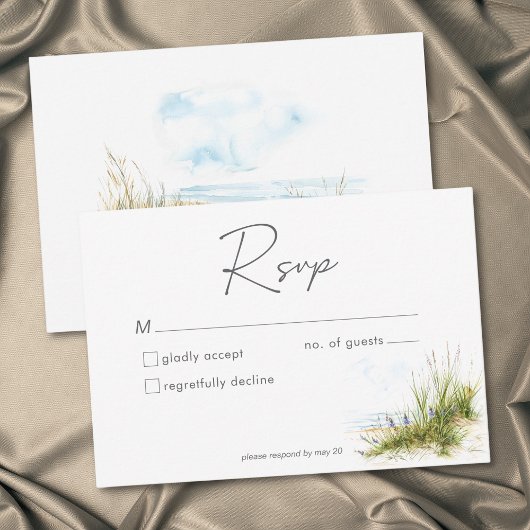 モダンな水彩画風の海岸ウェディング 出欠カード