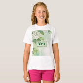 モダンな水彩画風の緑の花 + パーソナライズ Tシャツ (正面フル)