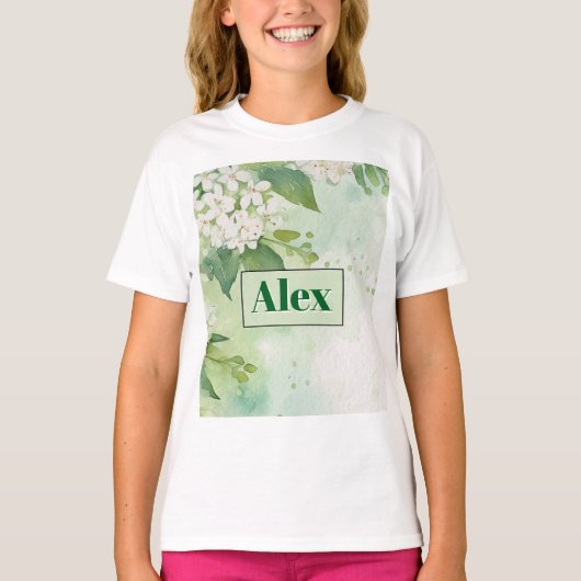 モダンな水彩画風の緑の花 + パーソナライズ Tシャツ (正面)