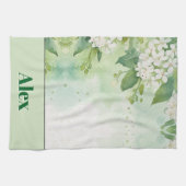 モダンな水彩画風の緑の花 + 名前入り キッチンタオル (横)