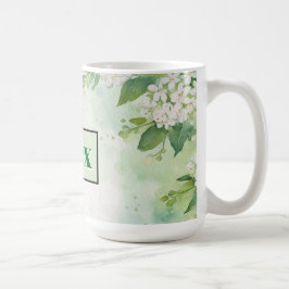 モダンな水彩画風の緑の花 + 名前入り コーヒーマグカップ