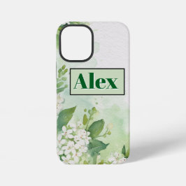 モダンな水彩画風の緑の花 + 名前入り iPhone 12 MINIケース