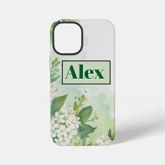 モダンな水彩画風の緑の花 + 名前入り iPhoneケース (裏面)