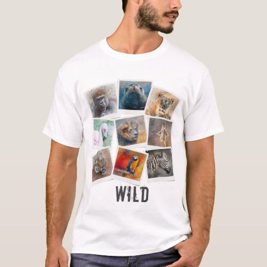 モダンな水彩画風の野生動物フォトフレームコラージュ Tシャツ (正面)
