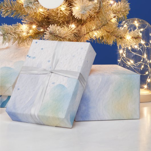 モダンな水彩画風の青い花 + 名前入り ラッピングペーパー (クリスマス)