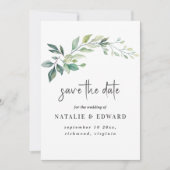 モダンな水彩画 ユーカリの葉 グリーン セーブザデート (正面)