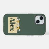 モダンな水彩花と緑の背景 iPhone 15ケース (裏面横)