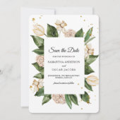 モダンな水彩花のグリーンとイエローのフレーム セーブザデート (正面)