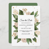 モダンな水彩花のフレーム 緑と黄色 セーブザデート (正面/裏面)