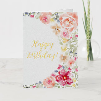 モダンな水彩花の箔押しHappy Birthday 箔グリーティングカード