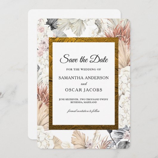 モダンな水彩花の蘭のゴールドフレーム セーブザデート (正面/裏面)