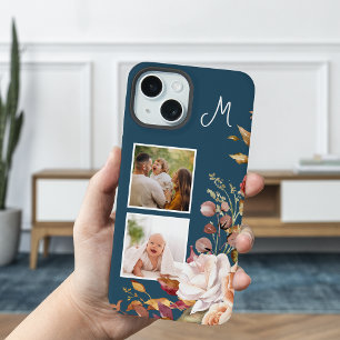 モダンな水彩花の2枚の写真とモノグラム iPhone 15ケース