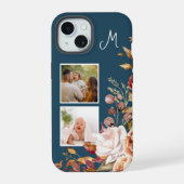 モダンな水彩花の2枚の写真とモノグラム iPhone 15ケース (裏面)