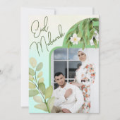 モダンな水彩花イラストのイスラム教のお祝いカード「Eid Mubarak」写真付き 招待状 (正面)