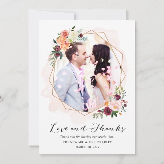 モダンな水彩花柄のウェディングフォト御礼カード サンキューカード (正面)