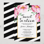 モダンな水彩花柄ストライプ Sweet 16 招待状 (正面/裏面)