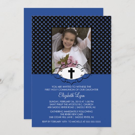 モダンな水玉模様の最初聖餐Inviation 招待状 (正面/裏面)