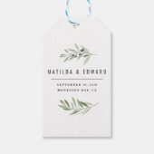 モダンな水色のオリーブの枝の葉の結婚式のファブ ギフトタグ (正面)