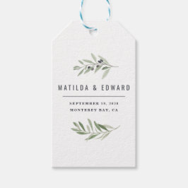 モダンな水色のオリーブの枝の葉の結婚式のファブ ギフトタグ