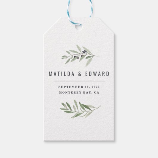 モダンな水色のオリーブの枝の葉の結婚式のファブ ギフトタグ (正面)