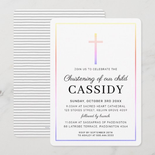 モダンな洗礼　ゴールドクロス　シンプルレインボー 招待状 (正面/裏面)