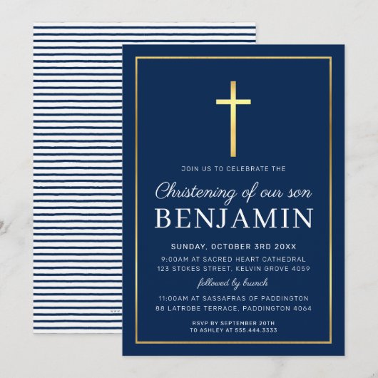 モダンな洗礼 ゴールドクロス シンプル ネイビー ホワイト 招待状 (正面/裏面)