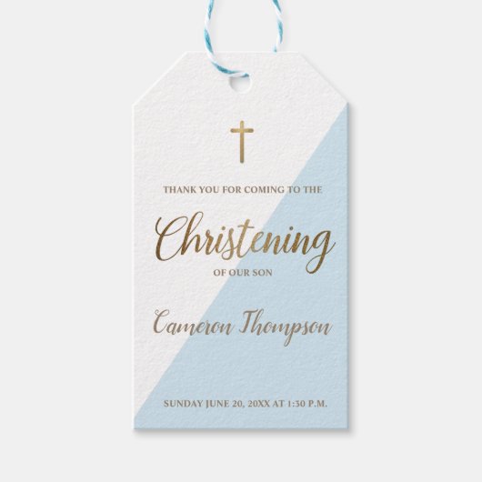 モダンな洗礼 青 白 ゴールド 赤ちゃん 男の子 ギフトタグ (正面)