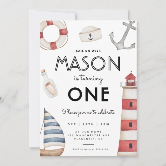 モダンな海の誕生日パーティー ヨット 招待状 (正面)