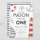 モダンな海の誕生日パーティー ヨット 招待状 (正面/裏面)