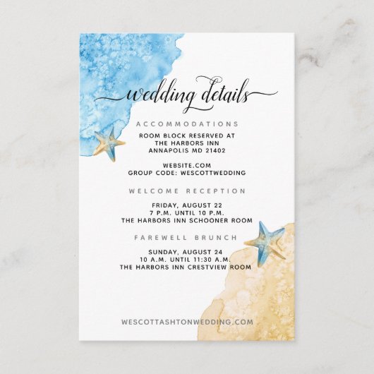 モダンな海岸の海と砂浜のウェディング詳細 エンクロージャーカード (正面)