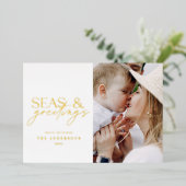 モダンな海辺のビーチファミリーフォト 箔シーズンカード (立ち正面)