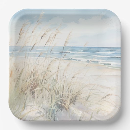 モダンな海辺の水彩画 ブライダルシャワーのおもてなし ペーパープレート (正面)