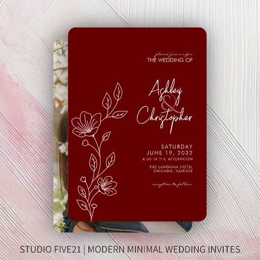 モダンな深紅の葉の輪郭写真ウェディング 招待状