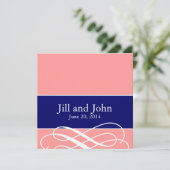 モダンな渦巻きの結婚式招待状（コーラル・ネイビーブルー） 招待状 (スタンド正面)