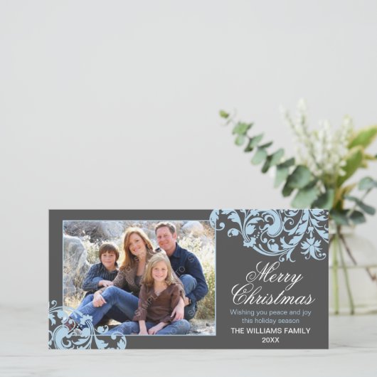 モダンな渦巻の華麗さのクリスマスの灰色および青 シーズンカード (スタンド正面)