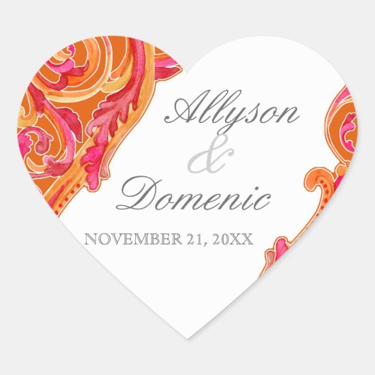 モダンな渦巻の華麗さのハートの蜜柑のオレンジ ハートシール (正面)