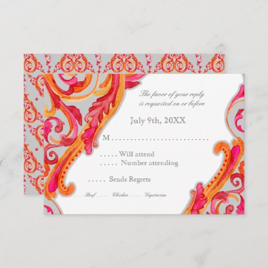 モダンな渦巻の華麗さのハートの蜜柑のショッキングピンク 出欠カード (正面/裏面)
