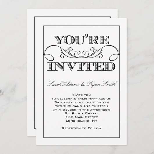 モダンな渦巻の黒く及び白い結婚式招待状 招待状 (正面/裏面)