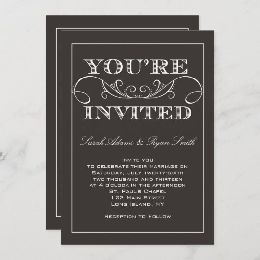 モダンな渦巻の黒の結婚式招待状 招待状 (正面/裏面)