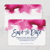 モダンな濃いピンクの水彩画のミツワー記念日 SAVE THE DATE サンキューカード (正面/裏面)